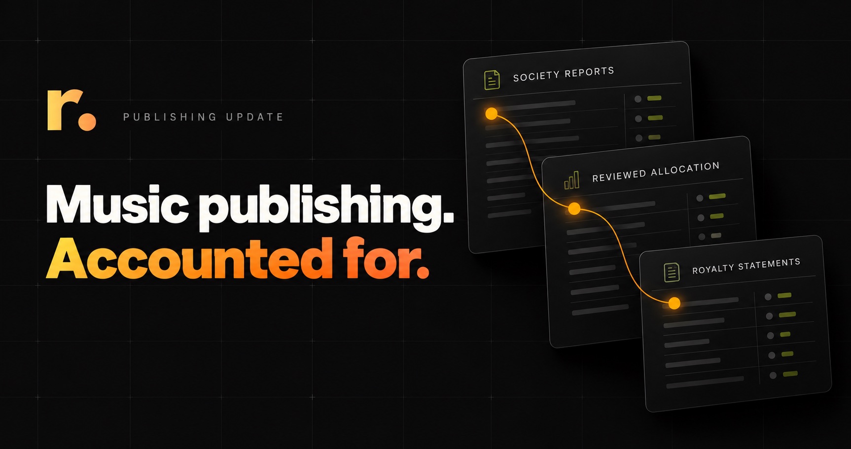 Roster publishing update illustration connecting society reports, reviewed allocation and royalty statements.