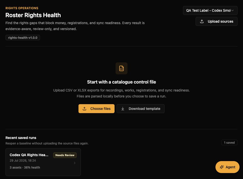 Roster Rights Health upload entry, rule version and a saved QA run.